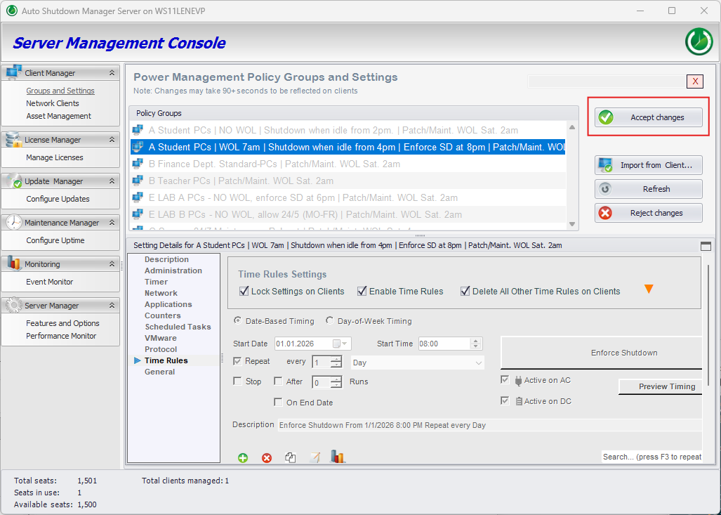 ASDM Management Console with Accept changes highlighted