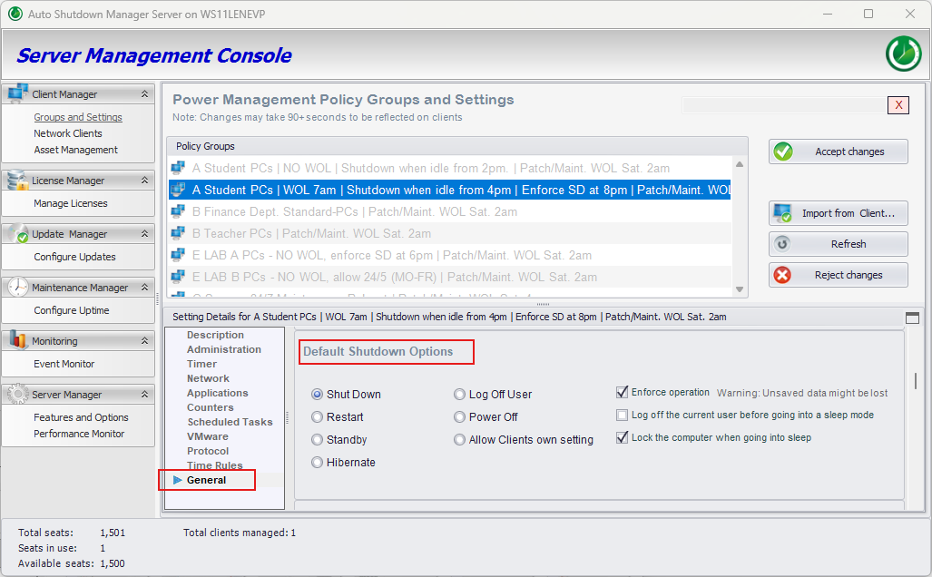 ASDM Default Shutdown Options with Shut Down selected