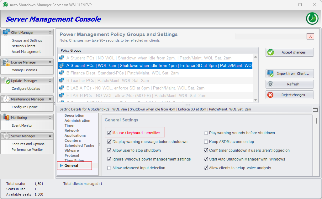 ASDM group General settings with Mouse keyboard sensitive and Allow user to stop shutdown enabled