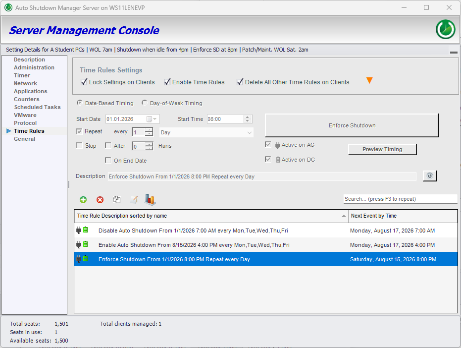 Complete ASDM list with Disable Auto Shutdown at 07:00 weekdays, Enable Auto Shutdown at 16:00 weekdays and Enforce Shutdown at 20:00 every day