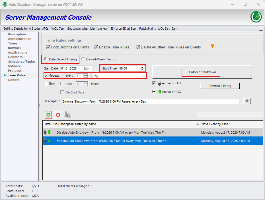 ASDM Date-Based Timing rule repeating every day at 20:00 with Enforce Shutdown selected