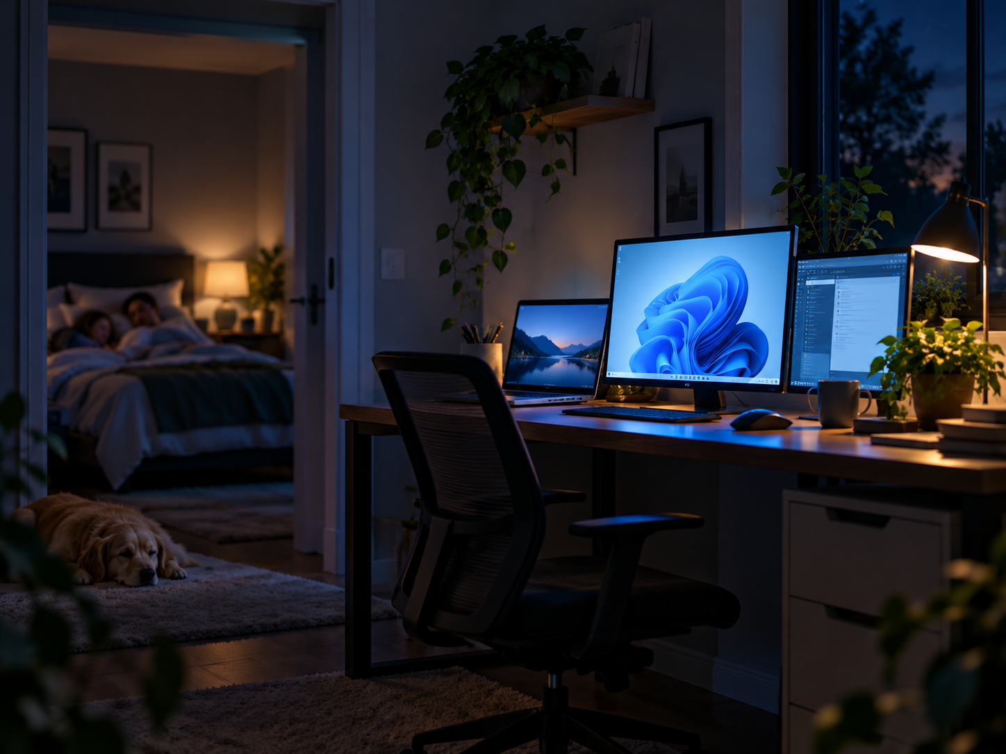 A home office computer remains on at night while the household sleeps in the adjoining room.