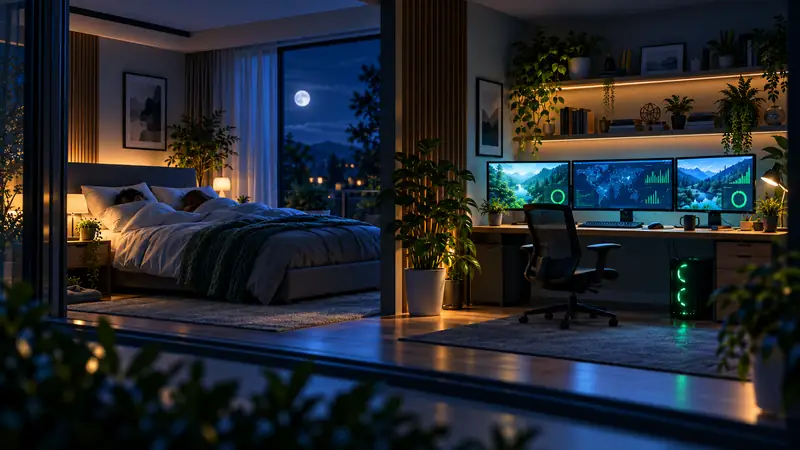 Illustration of a home-office PC and its screens powering down at night.
