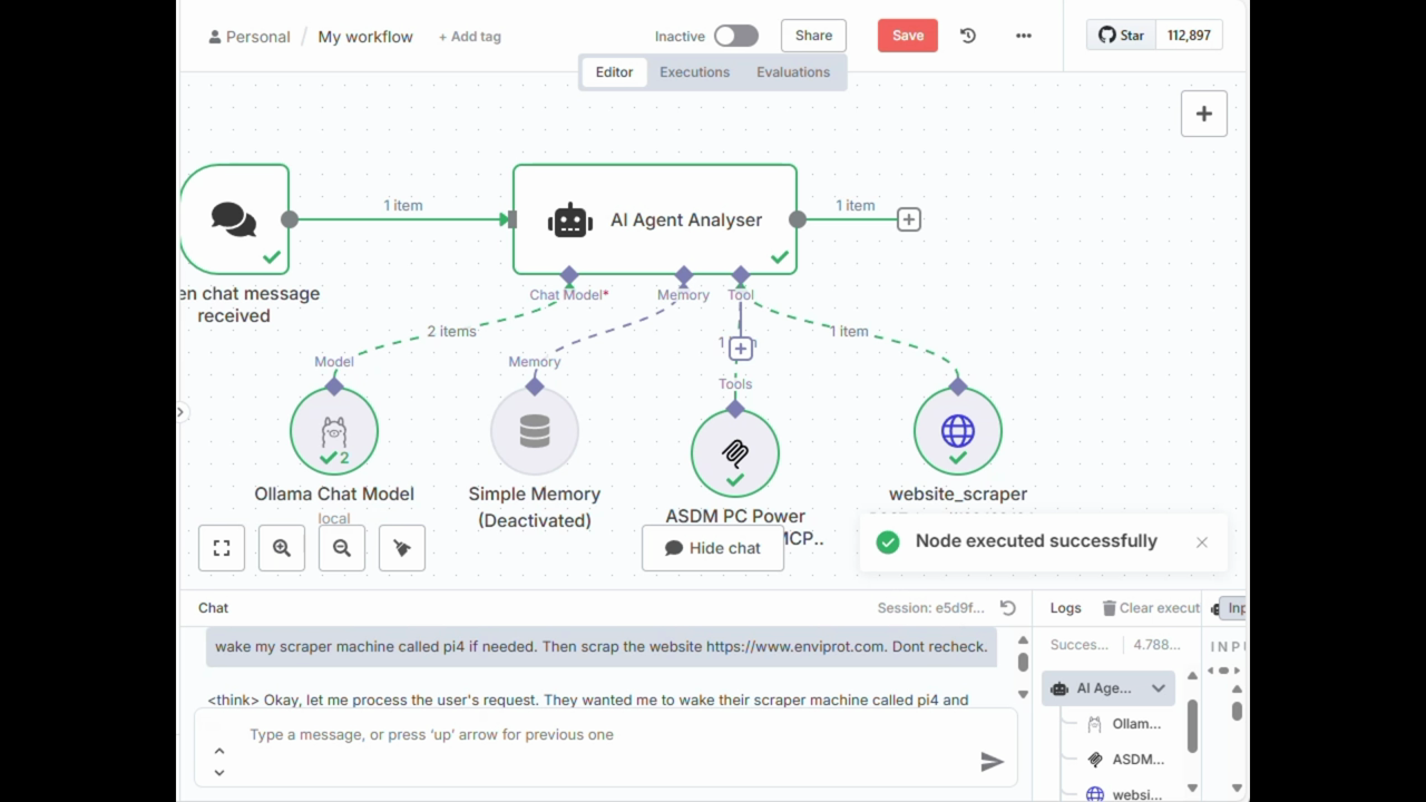 n8n-Workflow mit einem KI-Agenten und dem ASDM MCP Client