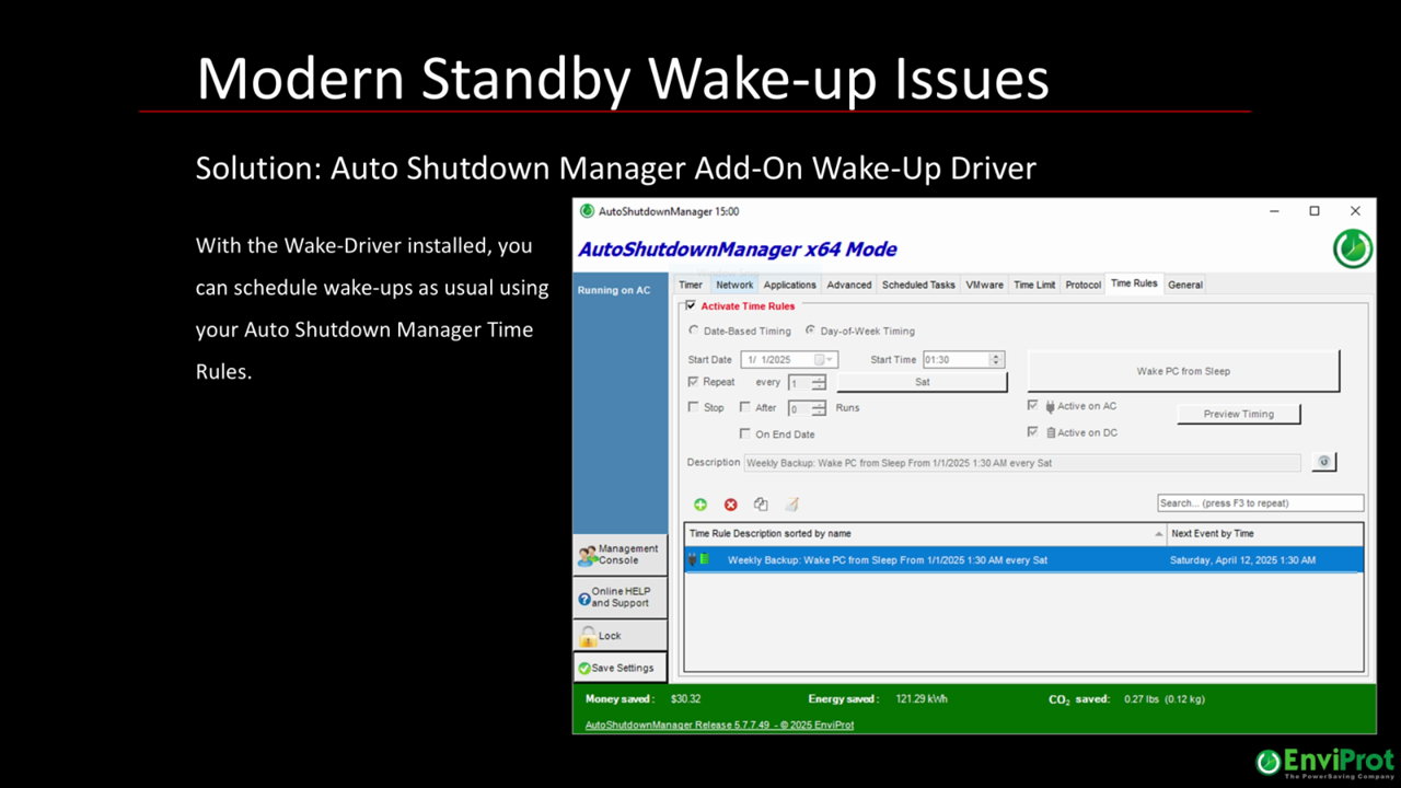Geplante Weckzeit in den Auto Shutdown Manager Time Rules mit installiertem Wake Driver